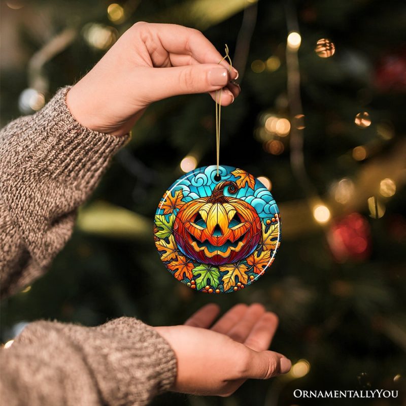 ForProduct 03PumpkinSpiceandCrispyLeavesStainedGlassStyleCeramicOrnament HalloweenThemedChristmasGiftandDecor3DHumanMockup12