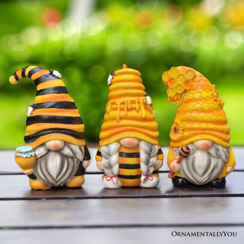 ForProduct 04BuzzyTrioSetofThreeBumbleBeeGnomeFigurines 6TieredTrayHomeorGardenDecoration