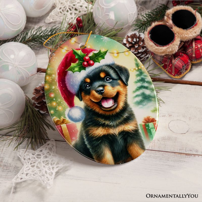 ForProduct 04CharmingRottweilerinFestiveAttireOrnament HeartwarmingDog ThemedChristmasGiftDecor23DRealisticMockup 11