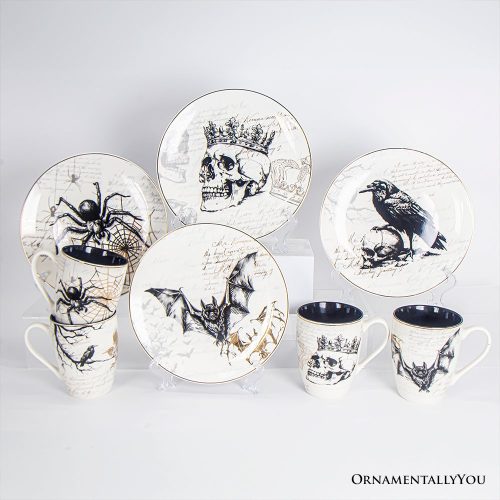 ForProduct 04ElegantGothSetof4CeramicMugswithRealGoldTrim BlackandWhiteSpookyHalloweenCoffeeCupKitchenGift