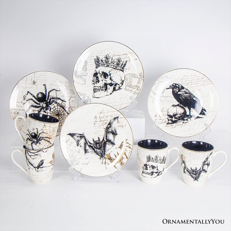 ForProduct 04ElegantGothSetof4CeramicMugswithRealGoldTrim BlackandWhiteSpookyHalloweenCoffeeCupKitchenGift