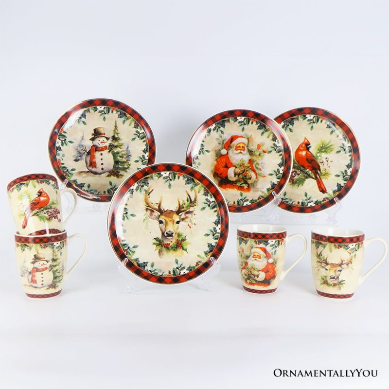 ForProduct 04FestiveCountryPlaidSetof4CeramicMugswithRealGoldTrim ChristmasKitchenCoffeeCupGiftwithSanta Cardinal Deer andSnowman