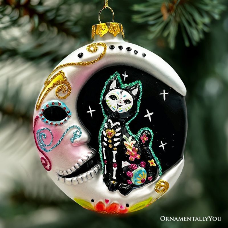 ForProduct 04FolkloricSiameseCatSugarSkullGlassOrnament CelestialCrescentMoonHalloweenDecor