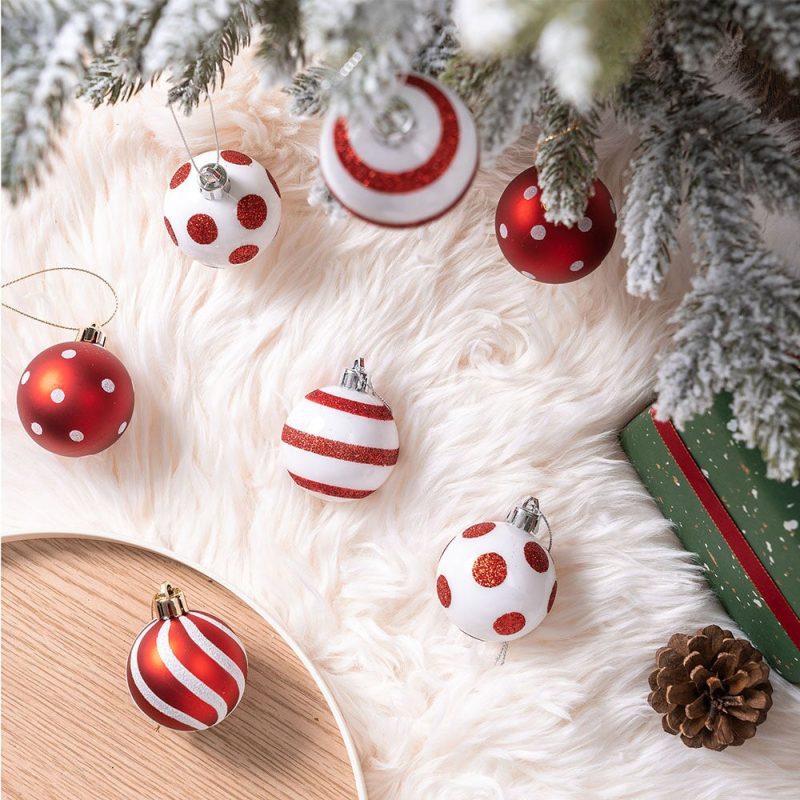 ForProduct 04PolkaDotandCandycaneColorStyleOrnamentBallBundle Setof24RedandWhitePatternedChristmasBaubles