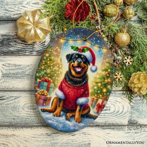 ForProduct 06CharmingRottweilerinFestiveAttireOrnament HeartwarmingDog ThemedChristmasGiftDecor33DRealisticMockup 07