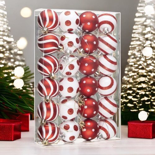 ForProduct 07PolkaDotandCandycaneColorStyleOrnamentBallBundle Setof24RedandWhitePatternedChristmasBaubles