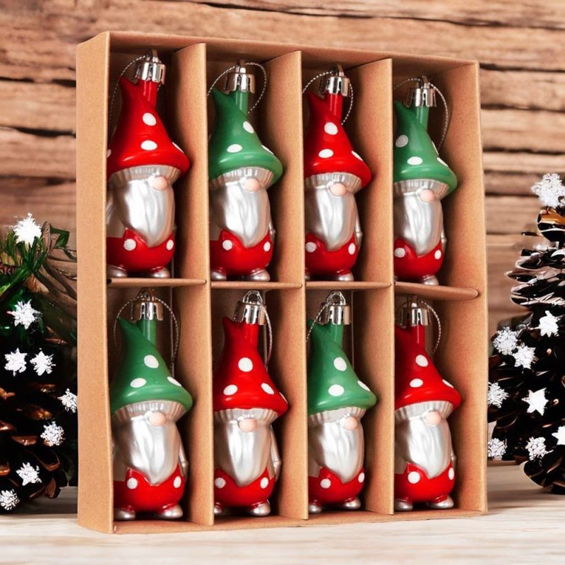 ForProduct 07RedandGreenPolkaDotChristmasFolksyGnomeOrnamentSet 8ShatterproofTreeGnomies