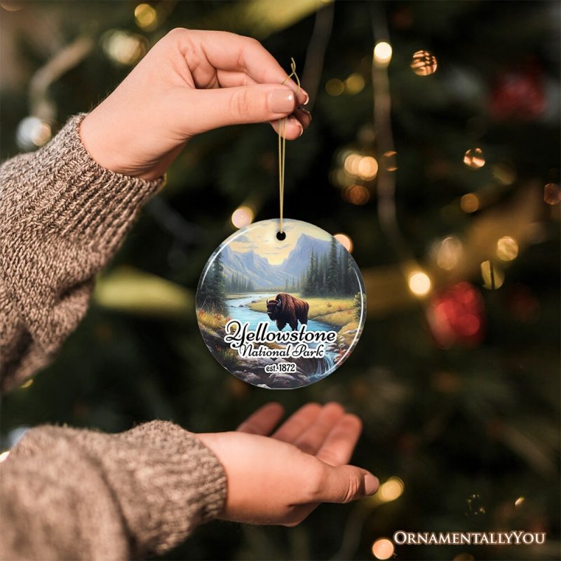 ForProduct 09ArtisticYellowstoneNationalParkChristmasOrnament GiftforNatureLoversCircle3DHumanMockup 12