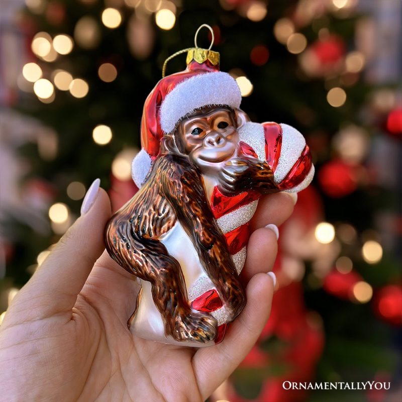 ForProductHand 01CuteMonkeywithCandyCaneGlassChristmasOrnament AdorableChimpHolidayTreeDecor