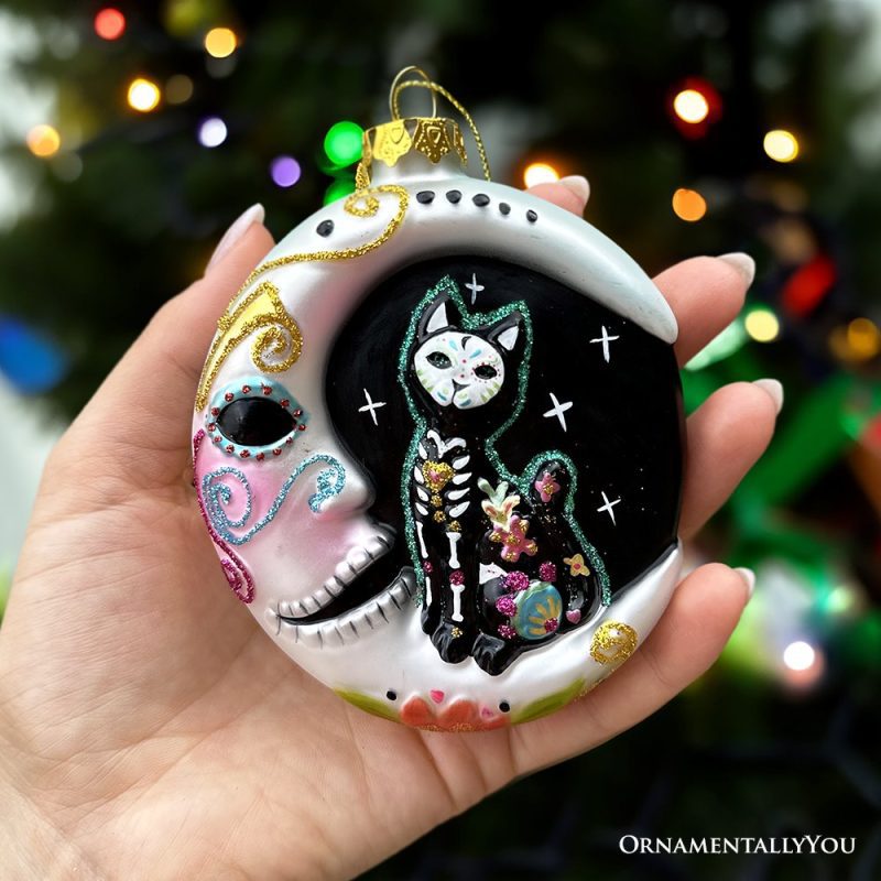 ForProductHand 01FolkloricSiameseCatSugarSkullGlassOrnament CelestialCrescentMoonHalloweenDecor