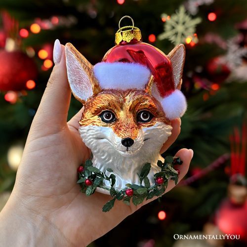 ForProductHand 01FoxwithSantaHatGlassChristmasOrnament WoodlandAnimalWreathGiftDecor