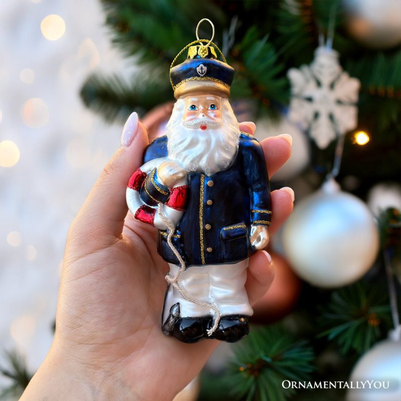 ForProductHand 01SantatheShipCaptainGlassOrnament GiftforBoatCommanderoftheSeas