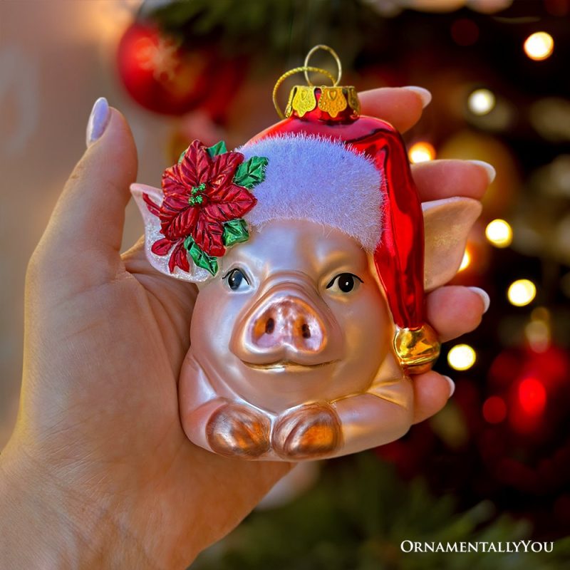 ForProductHand 02CharmingPigwithSantaHatGlassChristmasOrnament CuteFarmhouseTreeDecor