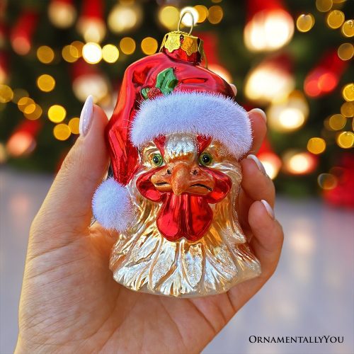 ForProductHand 02RoosterwithSantaHatHandblownGlassChristmasOrnament FarmChickenHolidayDecor