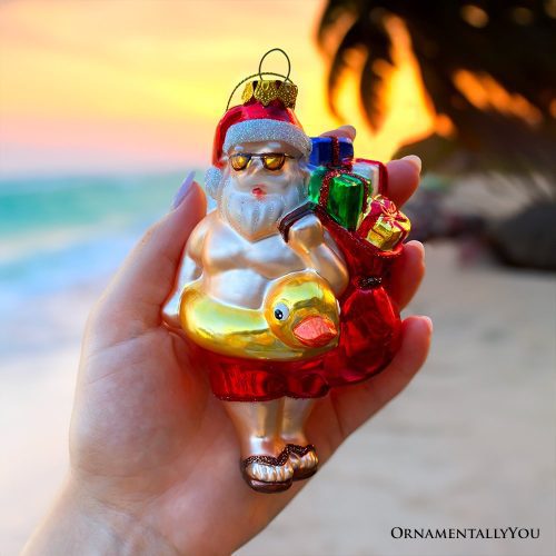 ForProductHand 02SantaonSummerVacationinthePoolQuirkyGlassChristmasOrnament RubberDuckeyTropicalHolidayDecor