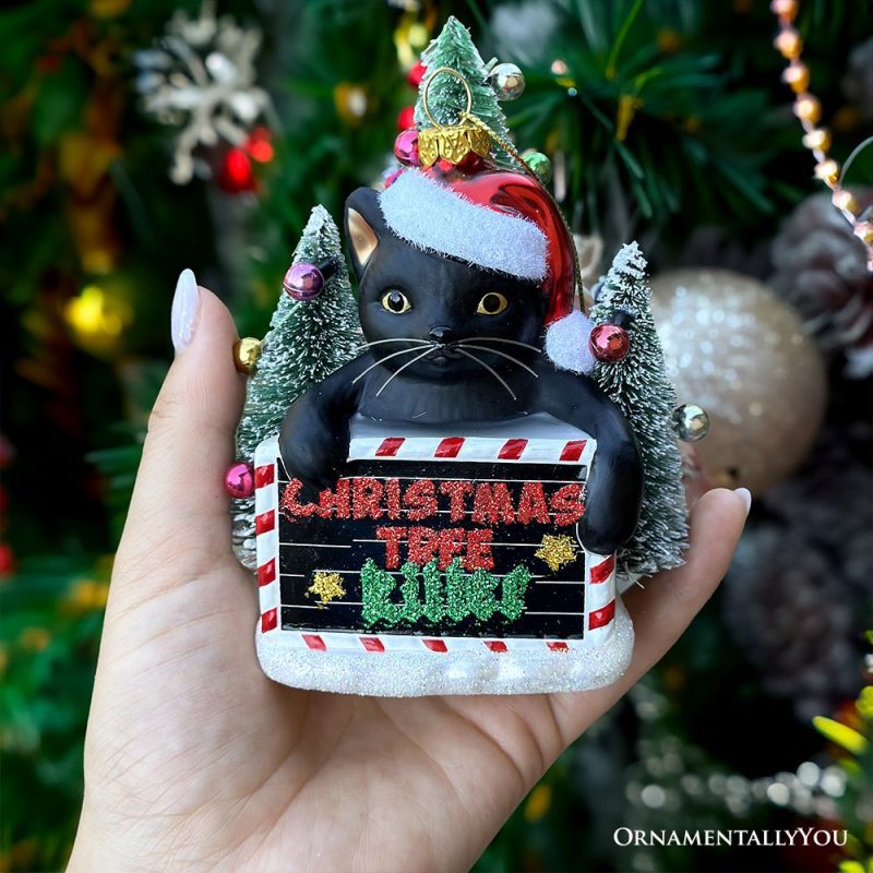 ForProductHand 03ChrsitmasTreeKillerFunnyBlackCatGlassChristmasOrnament WhimsicalFunnyTreeDecor