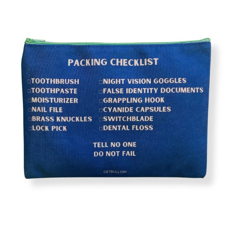 GetBullish Secret Agent Packing Checklist Canvas Zipper Pouch 9 5 x 7 Cosmetics Bag or Pencil Case