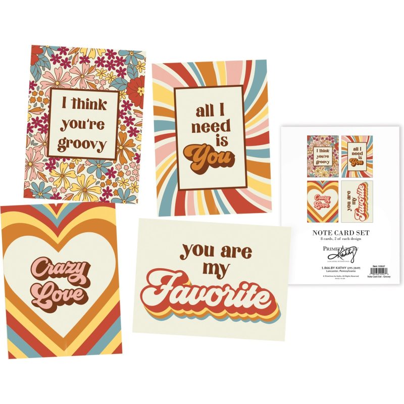 Groovy Note Card Set Retro Love Themed Designs 8 Cards