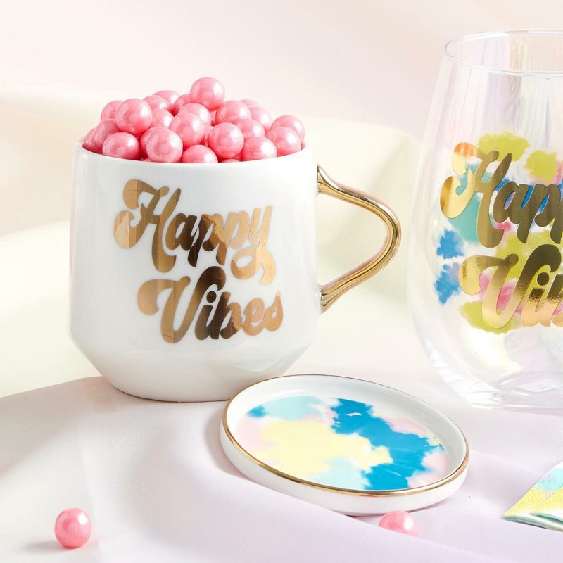 Happy Vibes Coaster Mug and Cocktail Napkin Bundle Giftable Drinkware Set 2