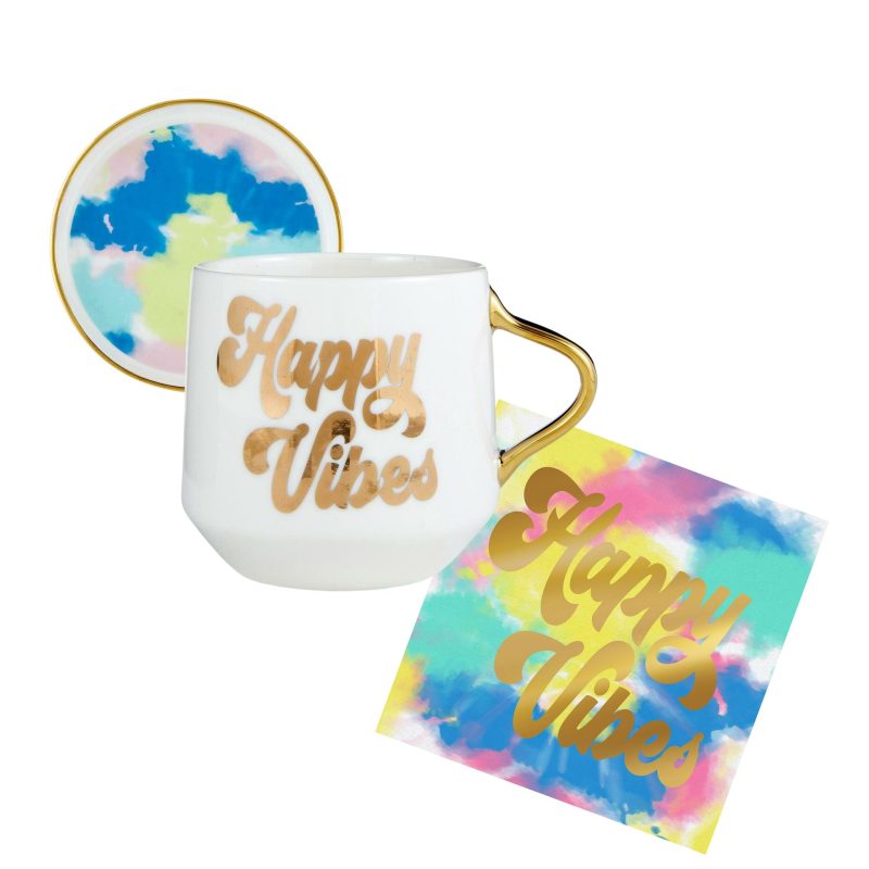 Happy Vibes Coaster Mug and Cocktail Napkin Bundle Giftable Drinkware Set