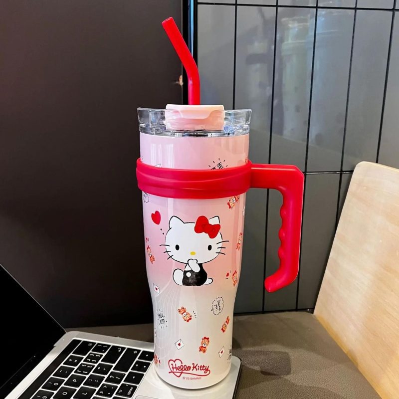 Hello Kitty 40 oz Stainless Steel Insulated Handle Tumbler in Pink and Red XL Size with Straw Gift for Her 2