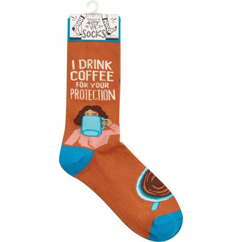 I Drink Coffee For Your Protection Funny Socks in Aqua Blue and Brown Unisex 2