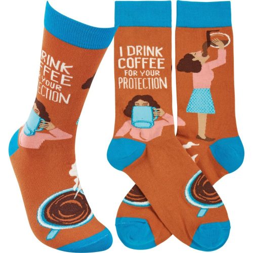 I Drink Coffee For Your Protection Funny Socks in Aqua Blue and Brown Unisex 3