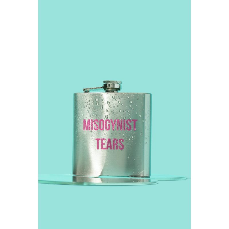 Misogynist Tears Flask in Silver with Pink Lettering Gift for Her 2