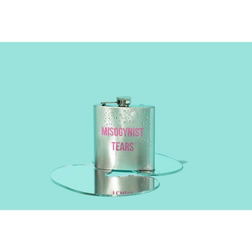 Misogynist Tears Flask in Silver with Pink Lettering Gift for Her 3