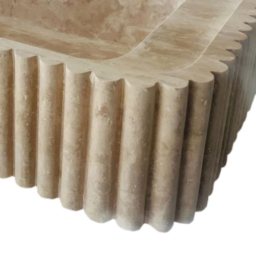 Oasis Beige travertine wall mount sink W16xL36xH6 with 10 backsplash honed fluted front profile view