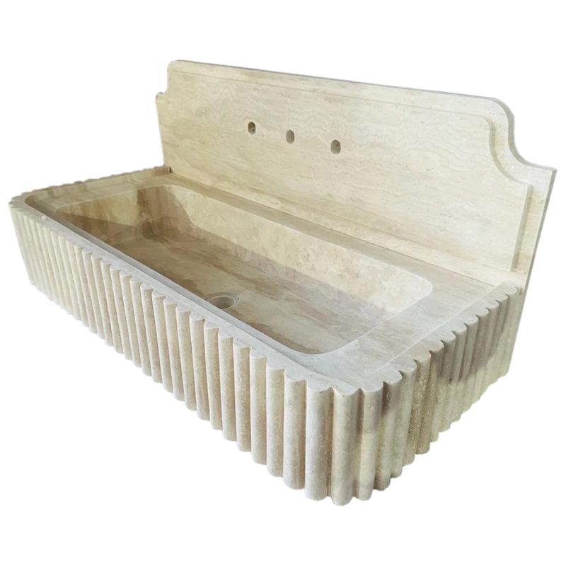 Oasis Beige travertine wall mount sink W16xL36xH6 with 10 backsplash honed fluted front sides angle