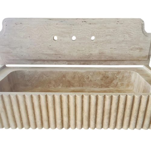 Oasis Beige travertine wall mount sink W16xL36xH6 with 10 backsplash honed fluted front sides view