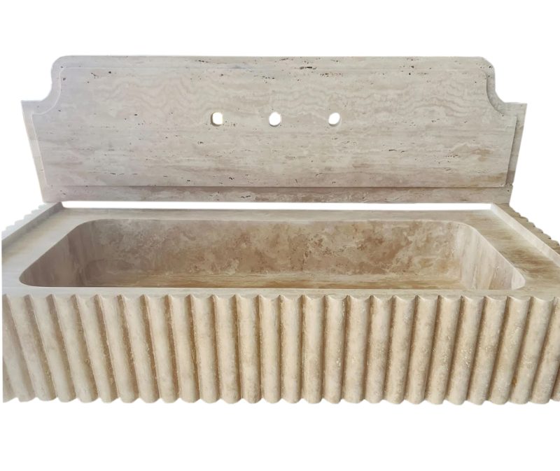 Oasis Beige travertine wall mount sink W16xL36xH6 with 10 backsplash honed fluted front sides view