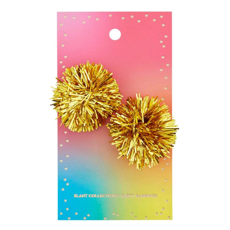 Rainbow Party Earrings Mylar Pom Pom in Gold