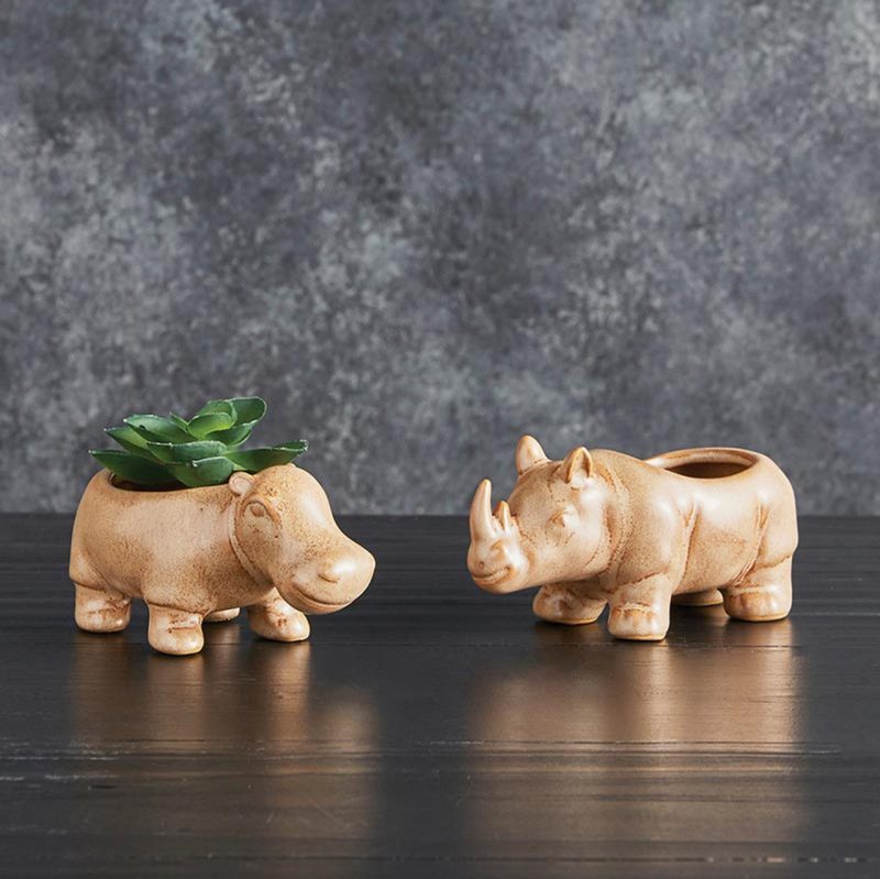 Rhino Ceramic Planter Wild Safari Hippo Shaped Succulents Flower Pot 4 5 x 2 3