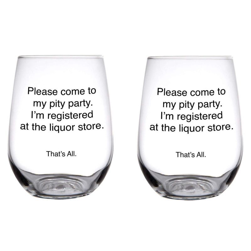 Set of 2 Please Come To My Pity Party Stemless Wine Glass in Clear 17 oz