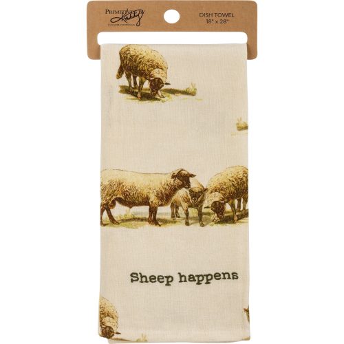 Sheep Happens Dish Cloth Towel Cotten Linen Novelty Tea Towel Embroidered Text 18 x 28 3