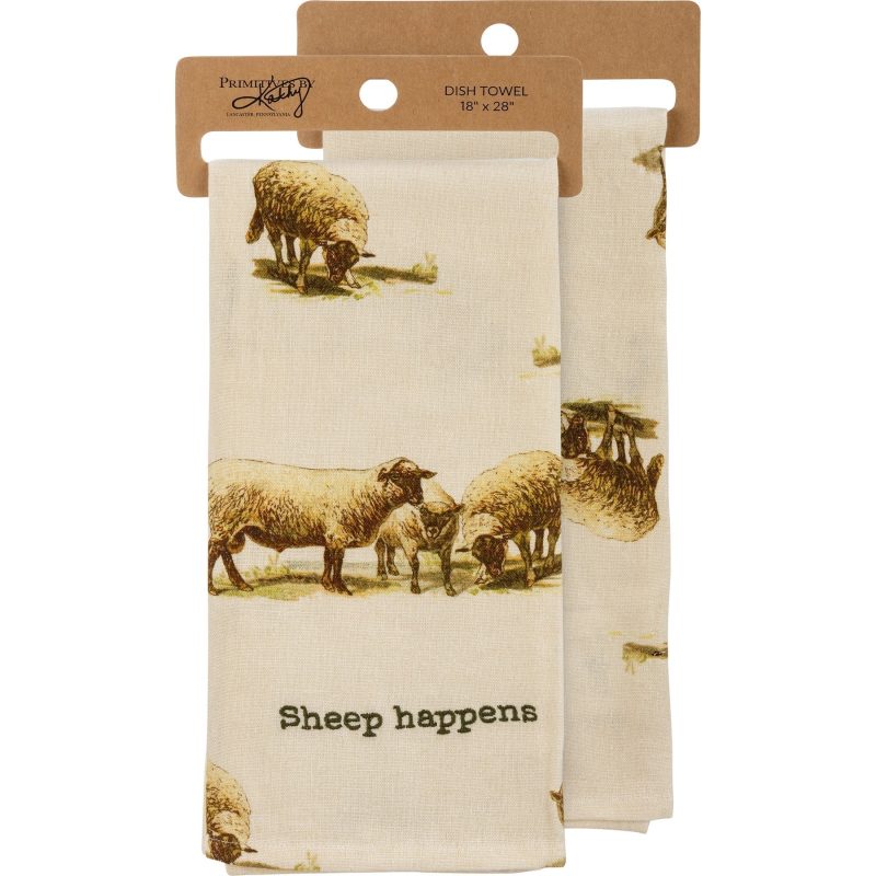 Sheep Happens Dish Cloth Towel Cotten Linen Novelty Tea Towel Embroidered Text 18 x 28