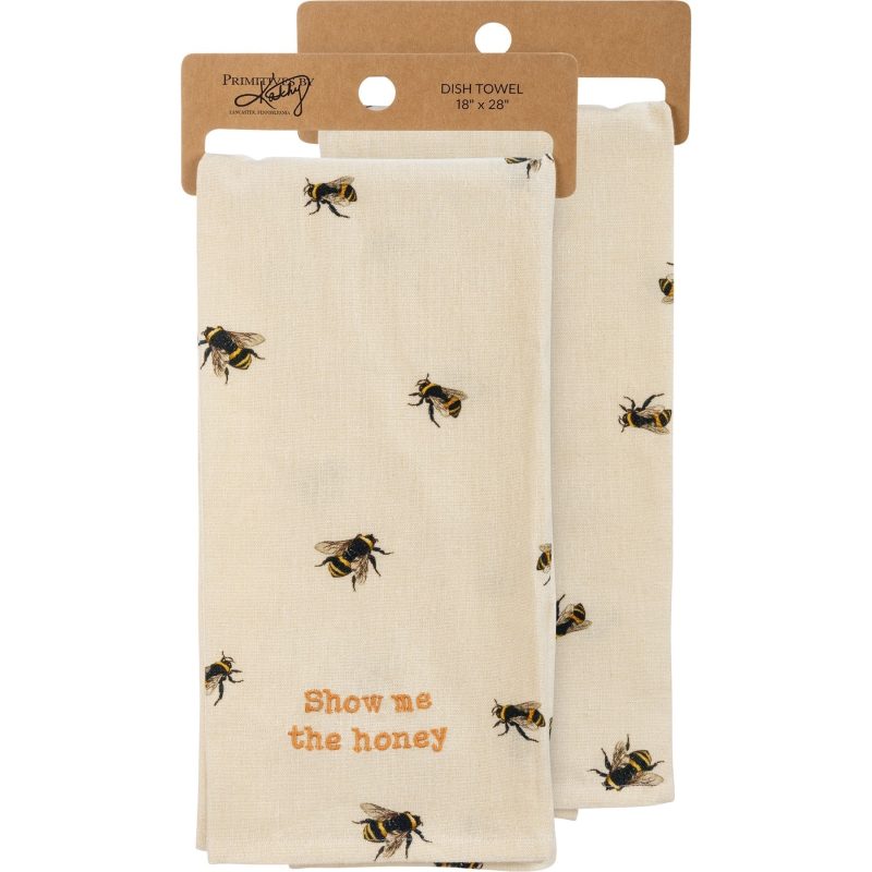 Show Me The Honey Honeybee Dish Cloth Towel Cotten Linen Cotton and Linen Embroidered Text 18 x 28