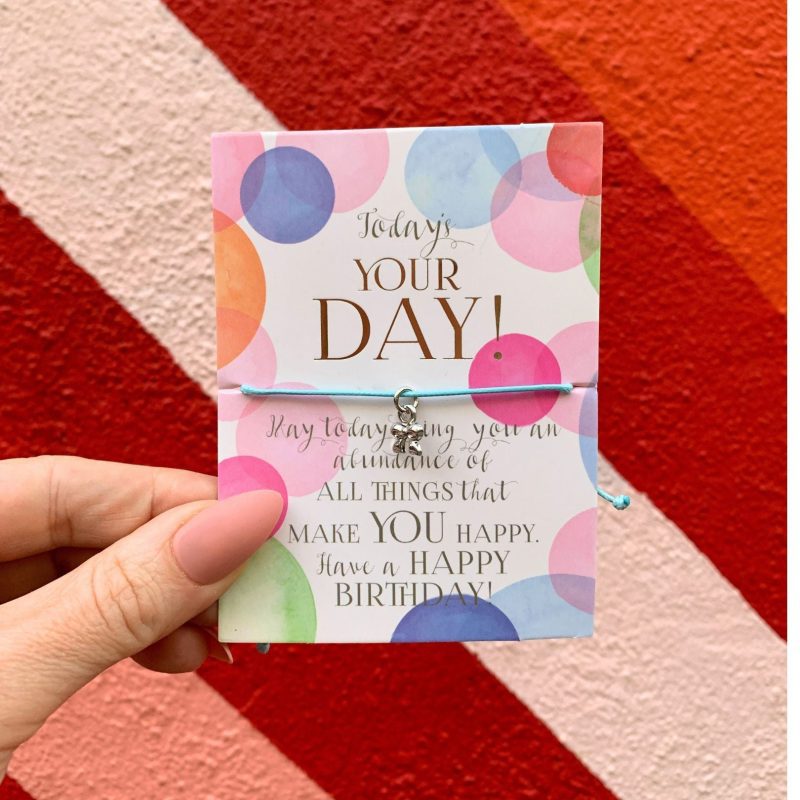 Todays Your Day Birthday Bracelet on a Gift Card Silver Ribbon Bow Charm Jewelry