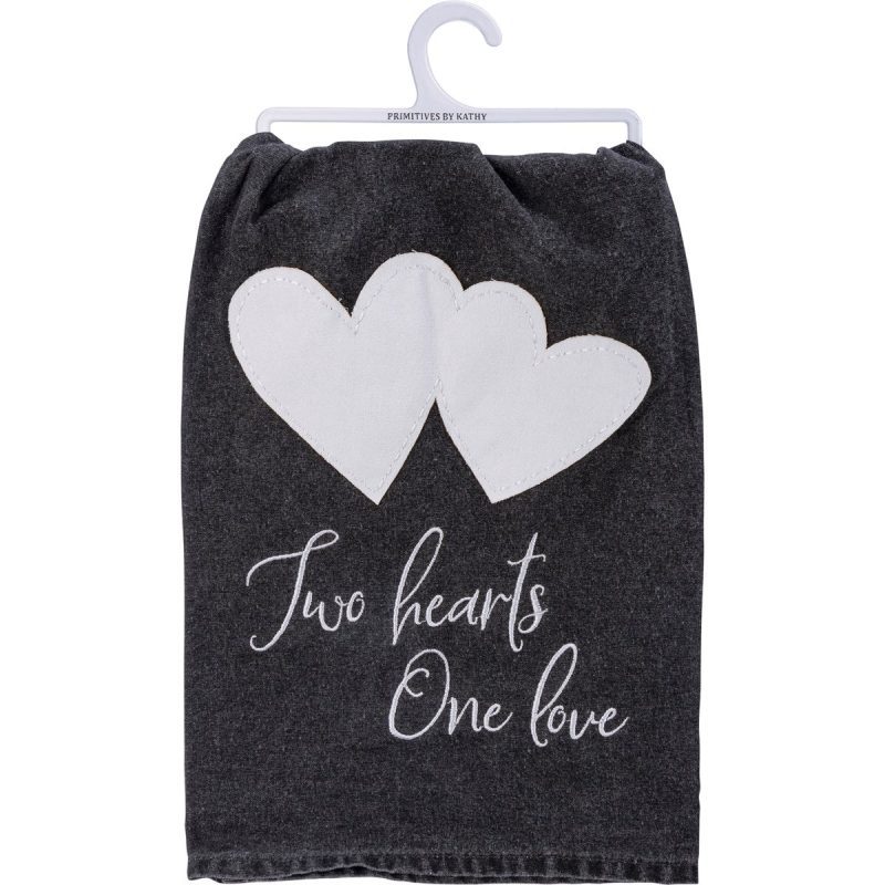 Two Hearts One Love Kitchen Towel Black and White Stonewashed Tea Dish Cloth 28 x 28 2