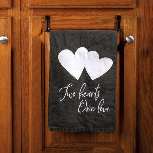 Two Hearts One Love Kitchen Towel Black and White Stonewashed Tea Dish Cloth 28 x 28 4