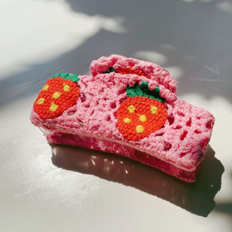 Velvet Claws Strawberry Granny Square Hair Claw Claw Clip in Velvet Travel Bag