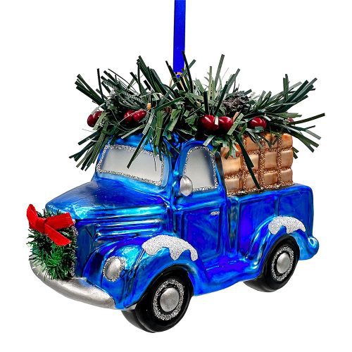 WBM 01AMarvelousBlueChristmasSetofFourGlassOrnamentswithSanta Truck SnowCabinandSleigh