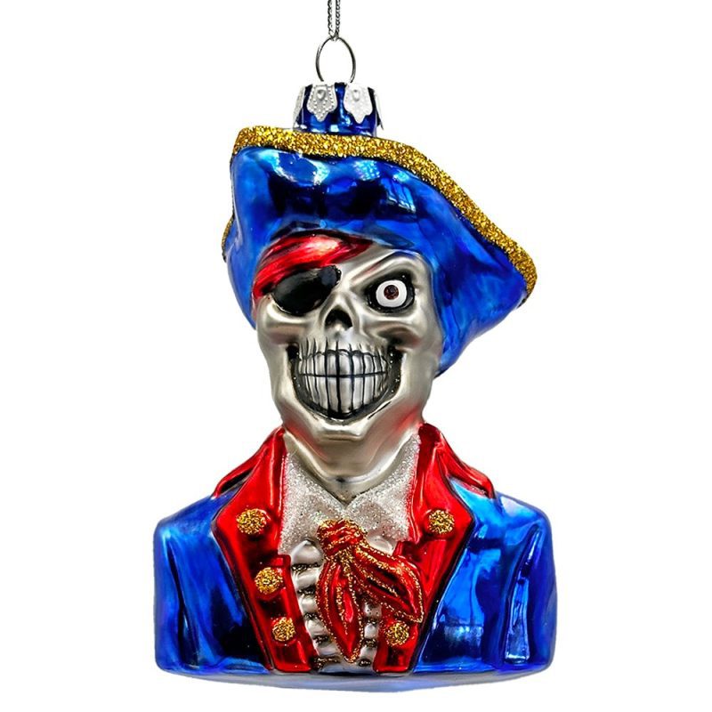 WBM 01FiercePirateSkeletonGlassOrnament GothicSkullShipCaptainSpookyDecor