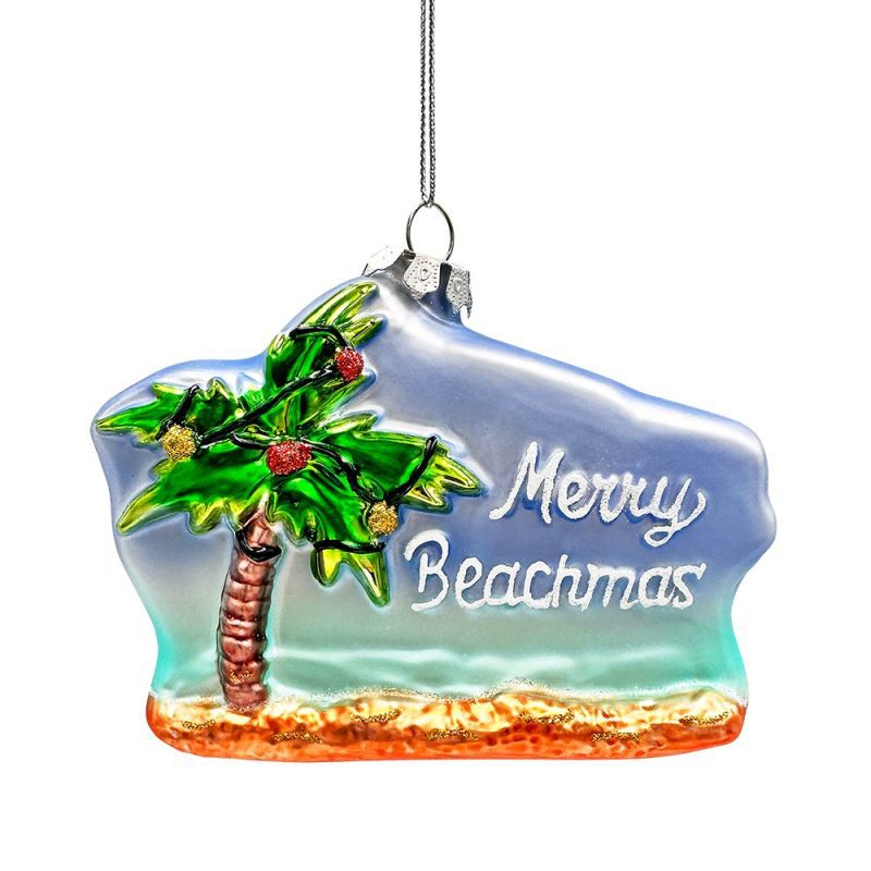 WBM 01MerryBeachmasChristmasPalmTreeGlassOrnament XmasinJulyTropicalDecor