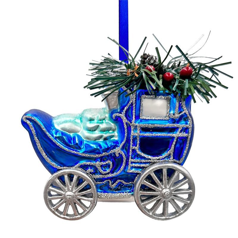 WBM 02AMarvelousBlueChristmasSetofFourGlassOrnamentswithSanta Truck SnowCabinandSleigh