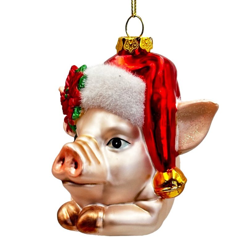 WBM 02CharmingPigwithSantaHatGlassChristmasOrnament CuteFarmhouseTreeDecor