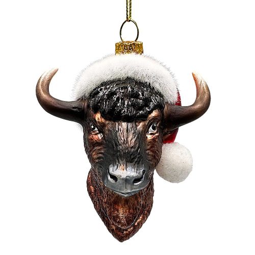 WBM 02FestiveBisonGlassChristmasOrnament BuffaloWesternBovineAnimal