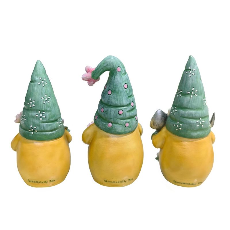 WBM 02GardenGuardiansSetofThree6GardeningGnomeFigurines FloralGreenandYellowStatueDecor